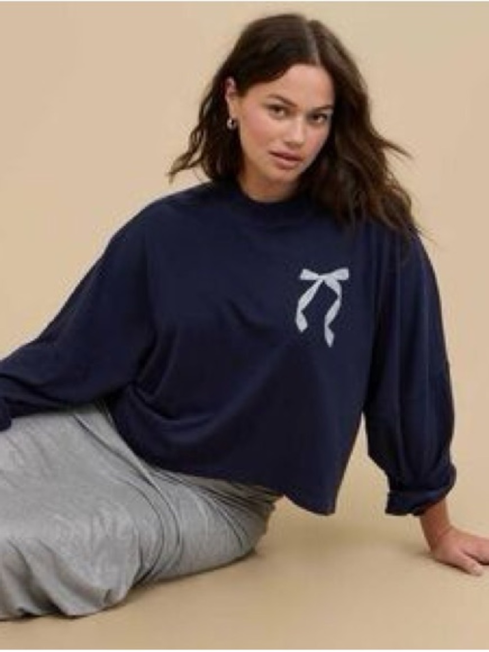 Aerie Bundle of 2 Cotton Navy Bow & Red Long-Sleeve Cropped Pullover Tops Small